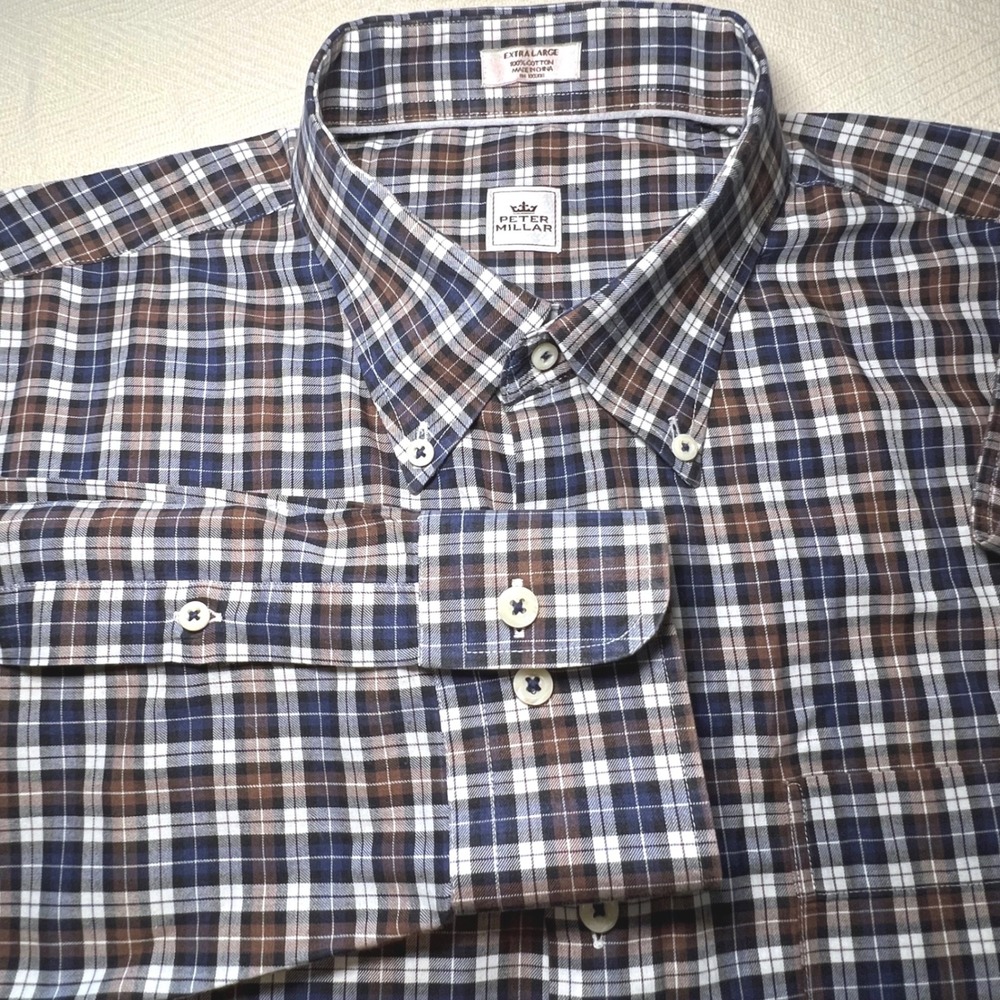 Peter Millar Mens Extra Large XL Plaid Button Down Shirt Blue Brown Cotton